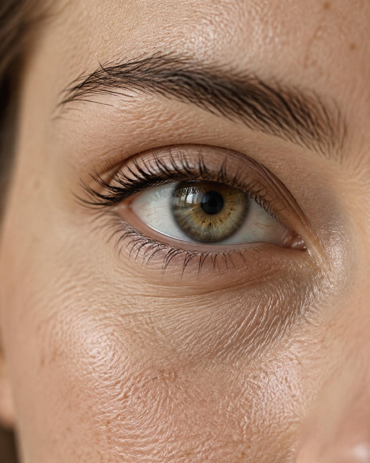 Close-up van een oog en natuurlijke huidtextuur